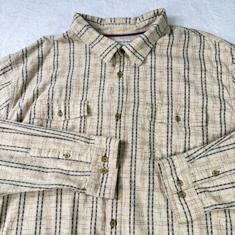 Carbon 2 Cobalt Button Down Mens 2XL Beige Plaid Striped Flannel Cotton Shirt